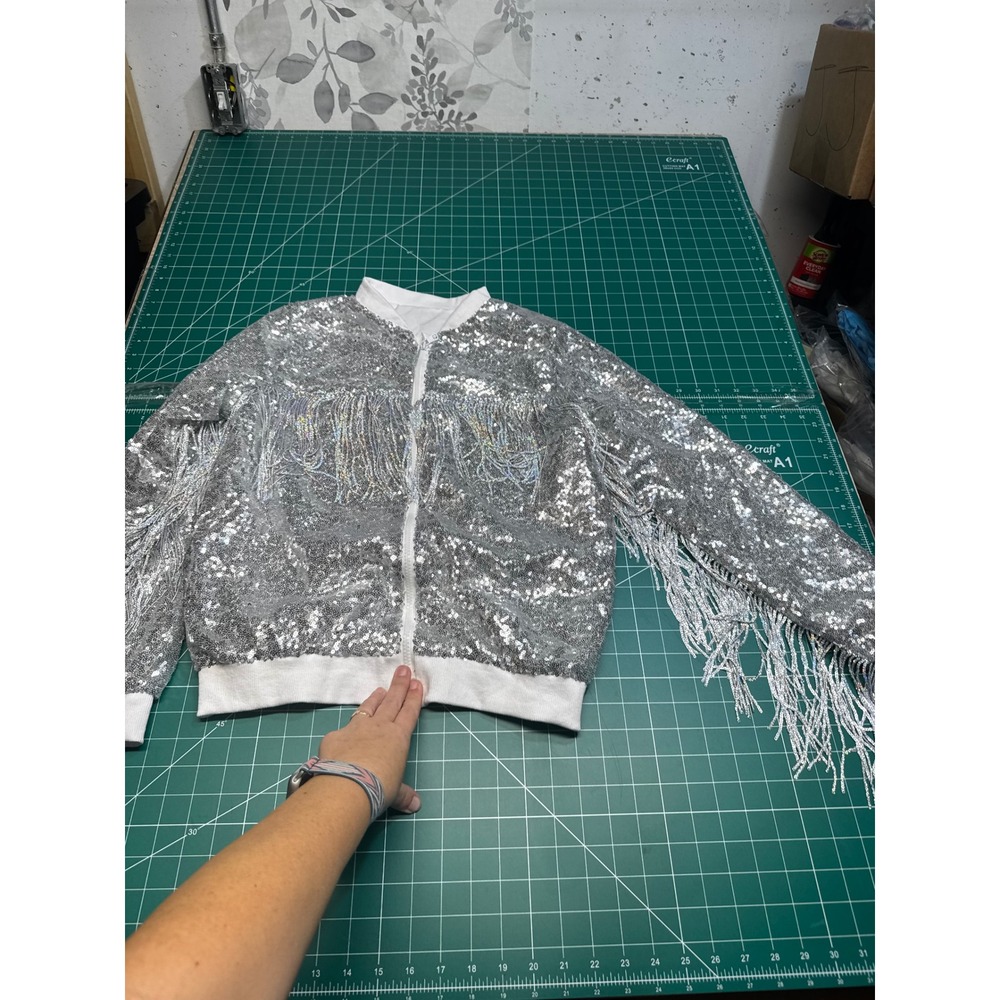 Silver Sequin Fringe Bomber Jacket Zip Up Festival Glam Womens Large 3XL Tag